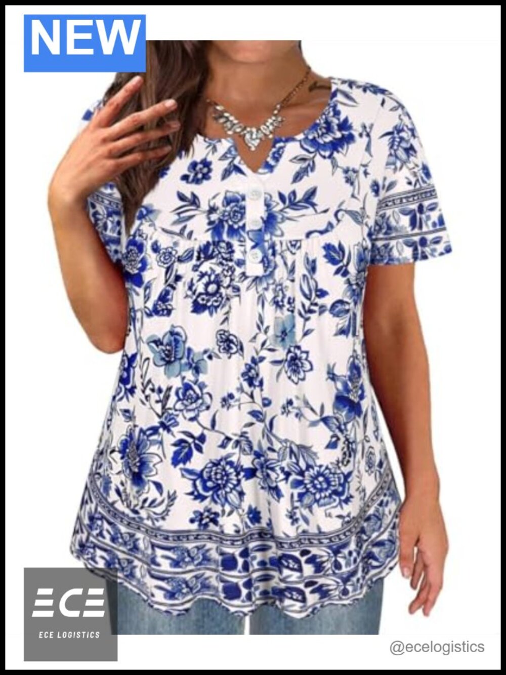 Plus Size Button Up Tunic Top Short Sleeve Henley Blouse